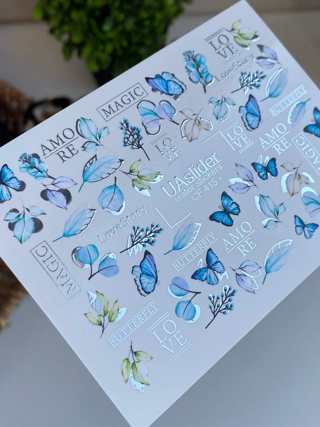 Nail Water Decal CF-415 | Blue Butterflies & Botanical Water Slide Nail Decals | Romantic Love Story Nail Art - UASLIDER