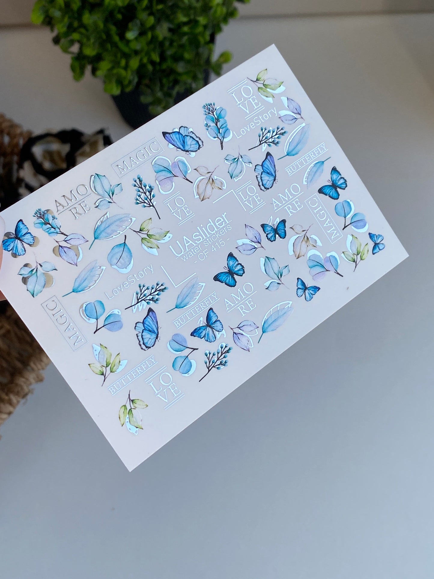 Nail Water Decal CF-415 | Blue Butterflies & Botanical Water Slide Nail Decals | Romantic Love Story Nail Art