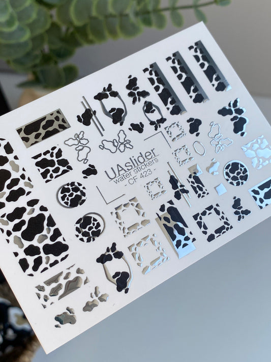 Nail Water Decal CF-423 | Cow Print Water Slide Nail Decals | Black & White Animal Print Nail Art