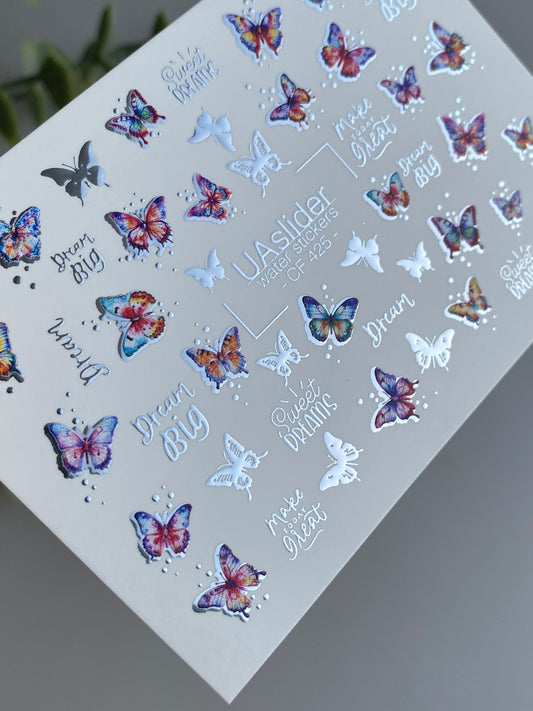 Nail Water Decal CF-425 | Colorful Butterflies Water Slide Nail Decals | Dream Big & Sweet Dreams Quotes