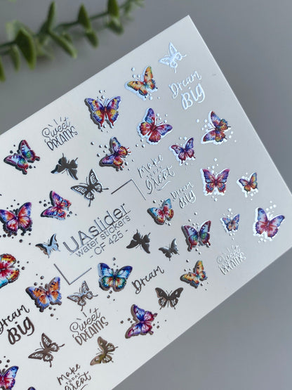 Nálepka na nehty CF-425 | Barevné motýly vodní nálepky na nehty | Sny velké & sladké sny citáty