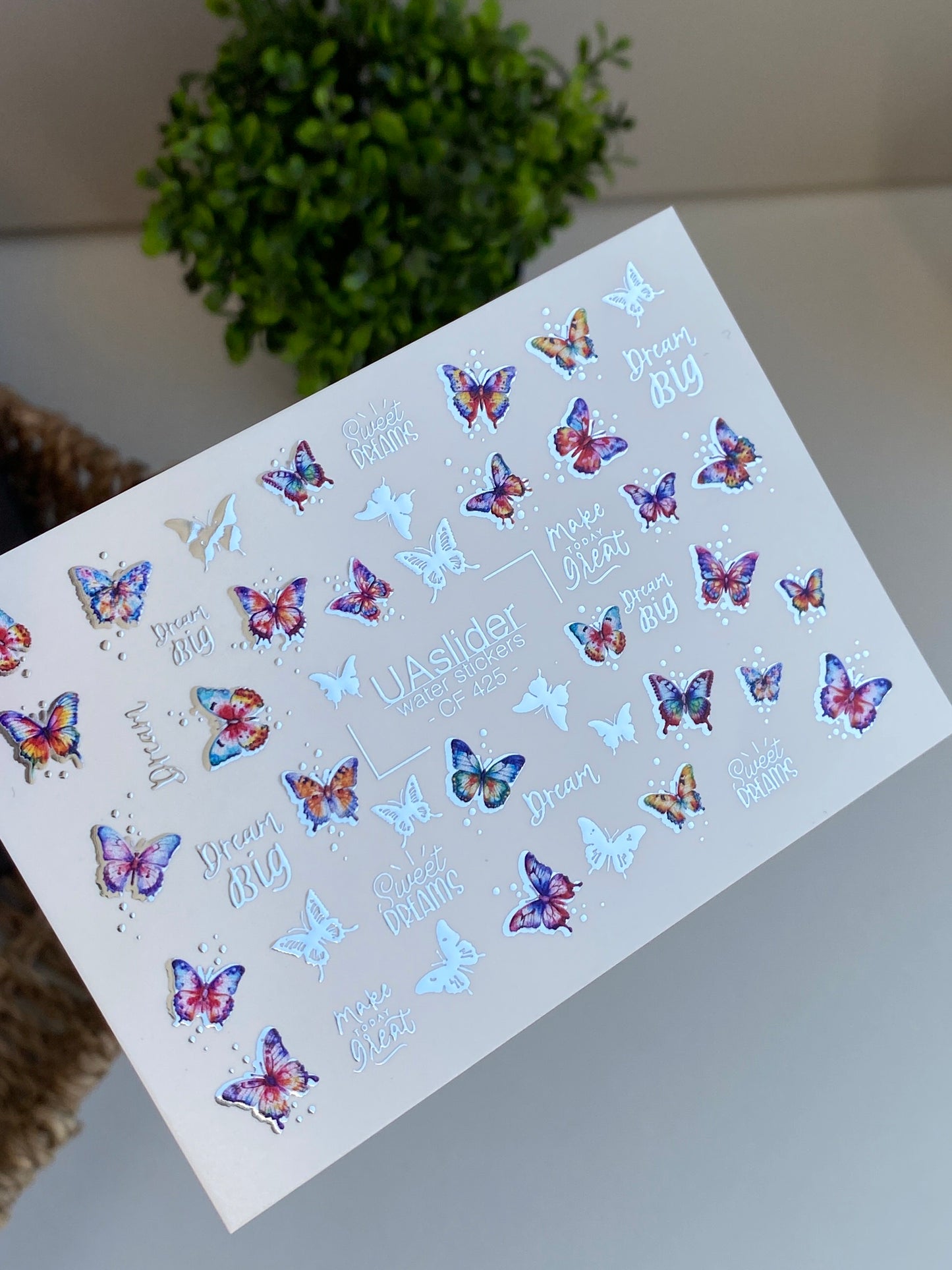 Nálepka na nehty CF-425 | Barevné motýly vodní nálepky na nehty | Sny velké & sladké sny citáty