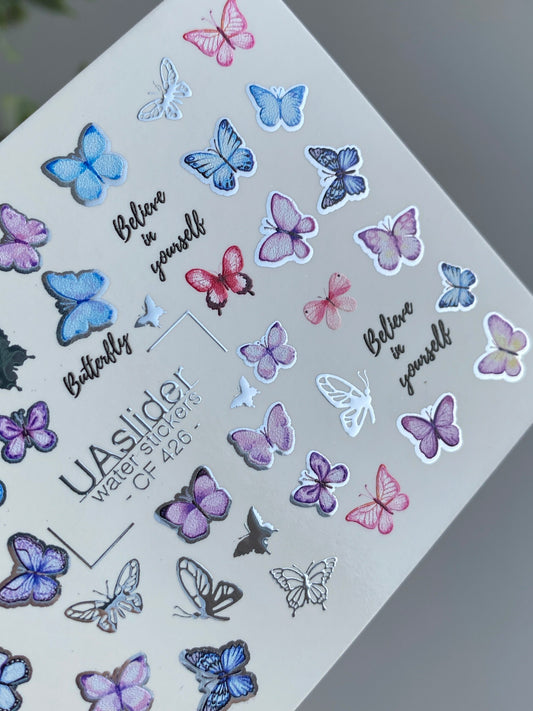 Nail Water Decal CF-426 | Pastel Butterflies Water Slide Nail Decals | Believe in Yourself Quotes