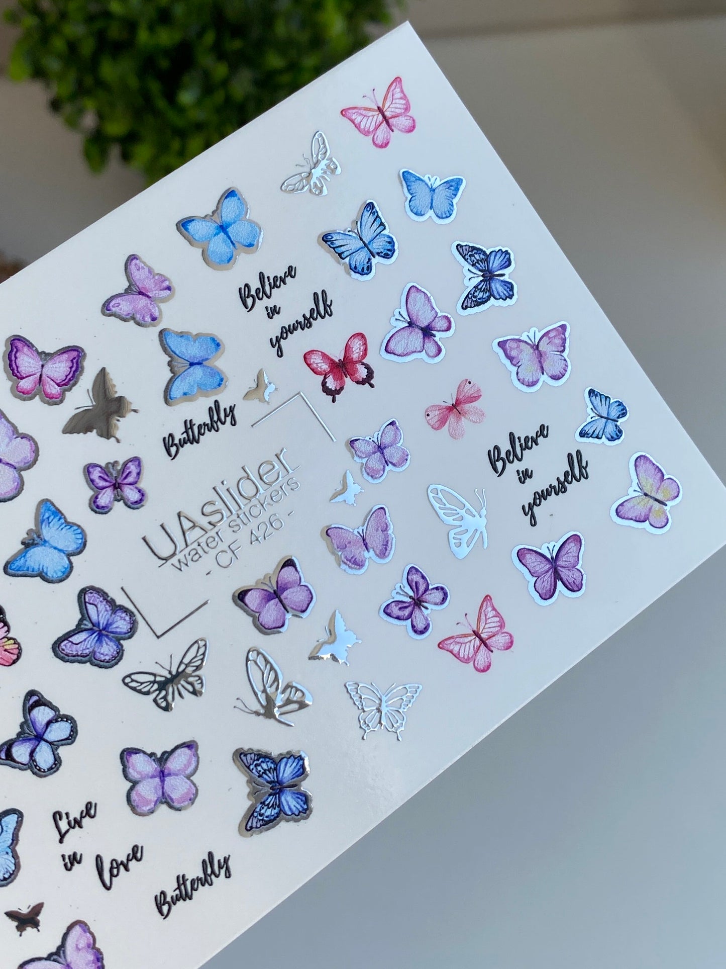 Nálepka na nehty CF-426 | Pastelové motýlky vodní nálepky na nehty | Citáty Věřte si