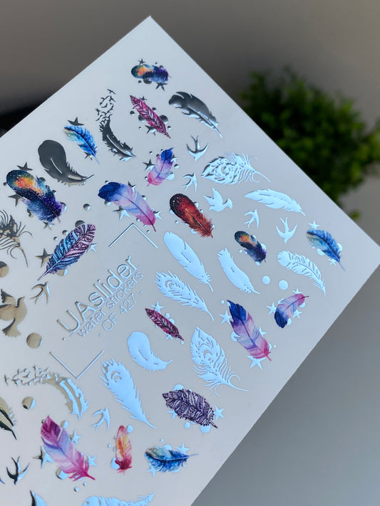 Nail Water Decal CF-427 | Colorful Feathers Water Slide Nail Decals | Birds & Boho Nail Art