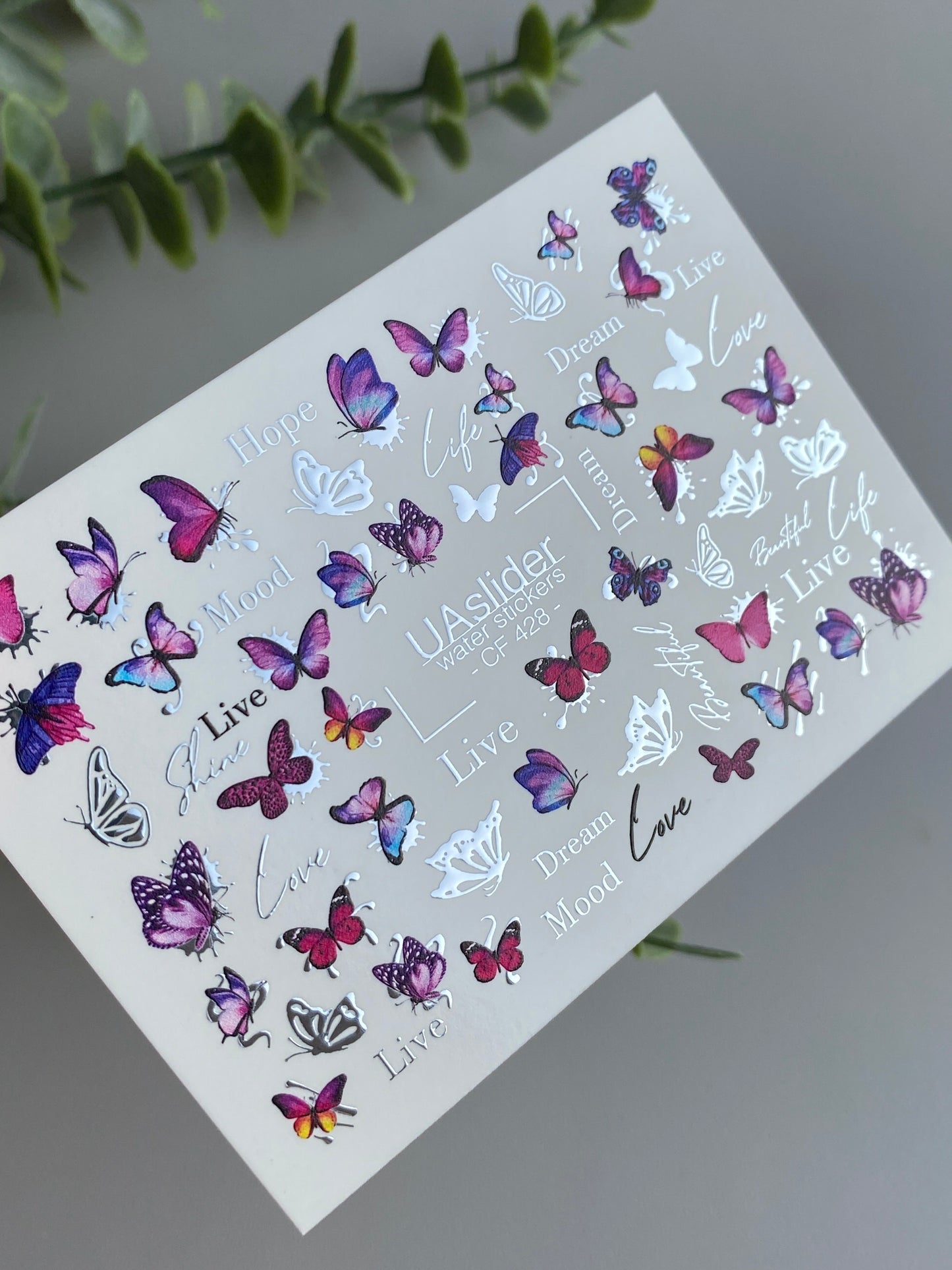 ملصق أظافر مائي CF-428 | ملصقات أظافر منزلق مائي بفراشات وردية وبنفسجية | اقتباسات حلم، حب وحياة