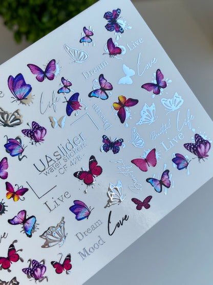 ملصق أظافر مائي CF-428 | ملصقات أظافر منزلق مائي بفراشات وردية وبنفسجية | اقتباسات حلم، حب وحياة