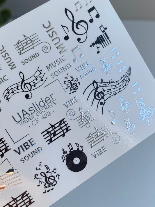 Nail Water Decal CF-429 | Music Notes Water Slide Nail Decals | Treble Clef & Sound Vibe Nail Art
