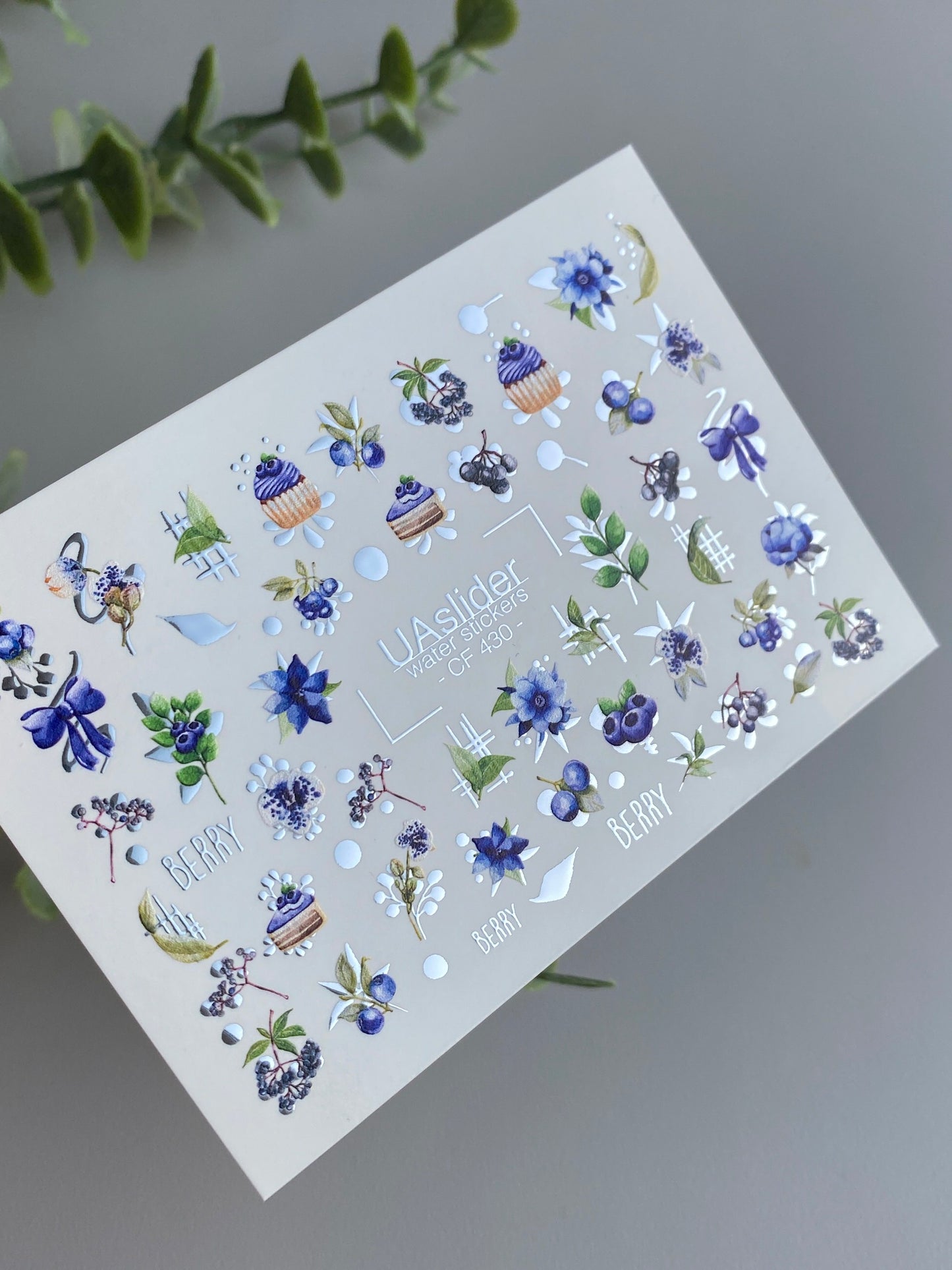 Nail Water Decal CF-430 | Blueberry & Floral Water Slide Nail Decals | Berry Nail Art with Cupcakes