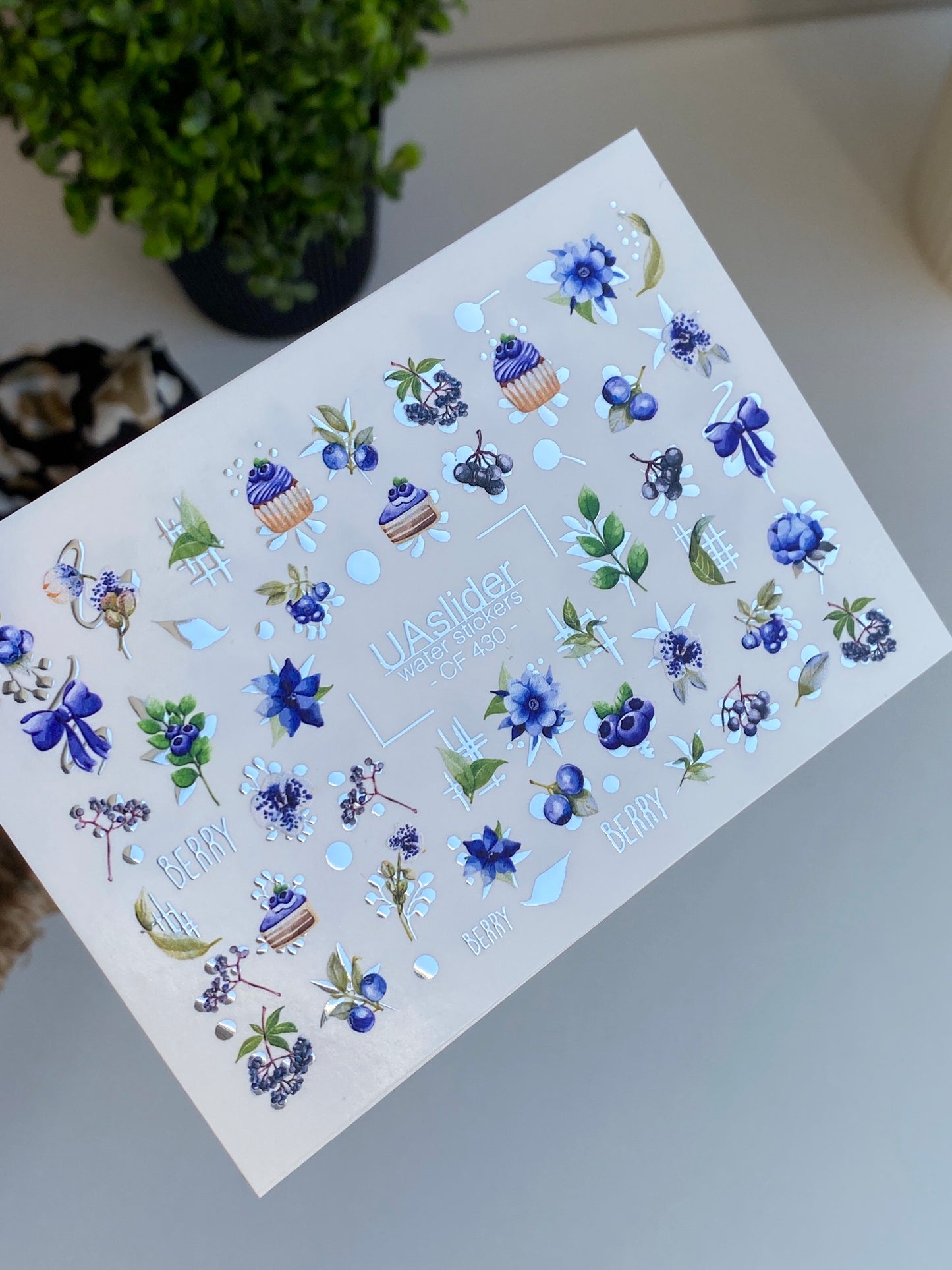 Nail Water Decal CF-430 | Blueberry & Floral Water Slide Nail Decals | Berry Nail Art with Cupcakes