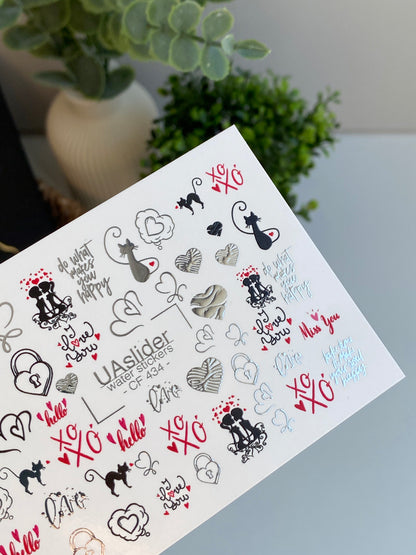Nail Water Decal CF-434 | Romantic Cats & Hearts Water Slide Nail Decals | XO & Love Quotes Nail Art