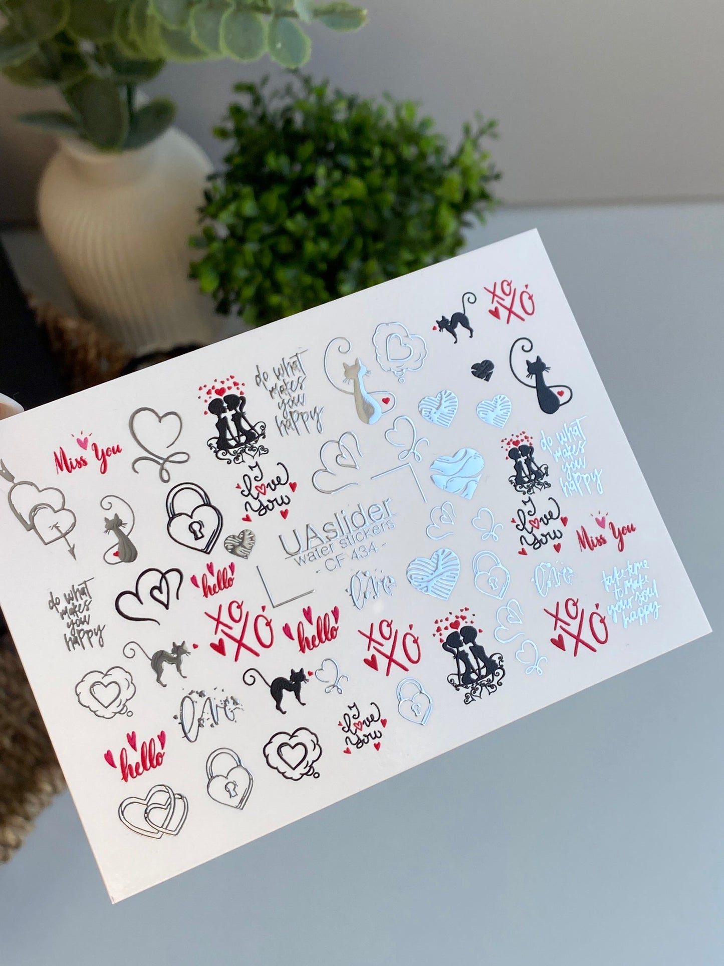 Nail Water Decal CF-434 | Romantic Cats & Hearts Water Slide Nail Decals | XO & Love Quotes Nail Art