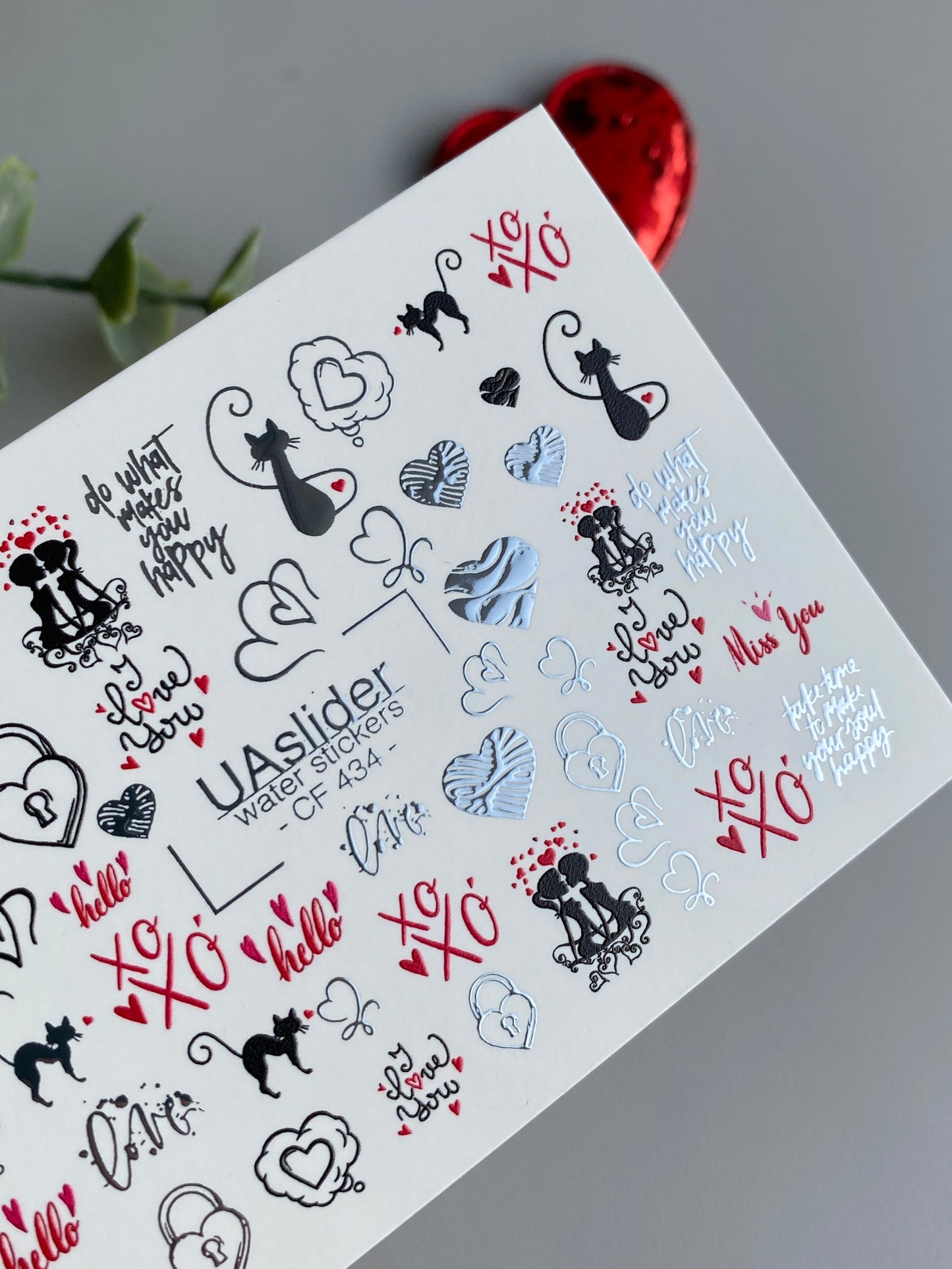 Nail Water Decal CF-434 | Romantic Cats & Hearts Water Slide Nail Decals | XO & Love Quotes Nail Art