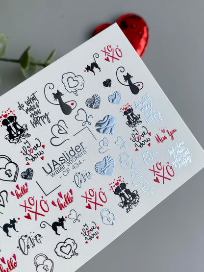 Nail Water Decal CF-434 | Romantic Cats & Hearts Water Slide Nail Decals | XO & Love Quotes Nail Art