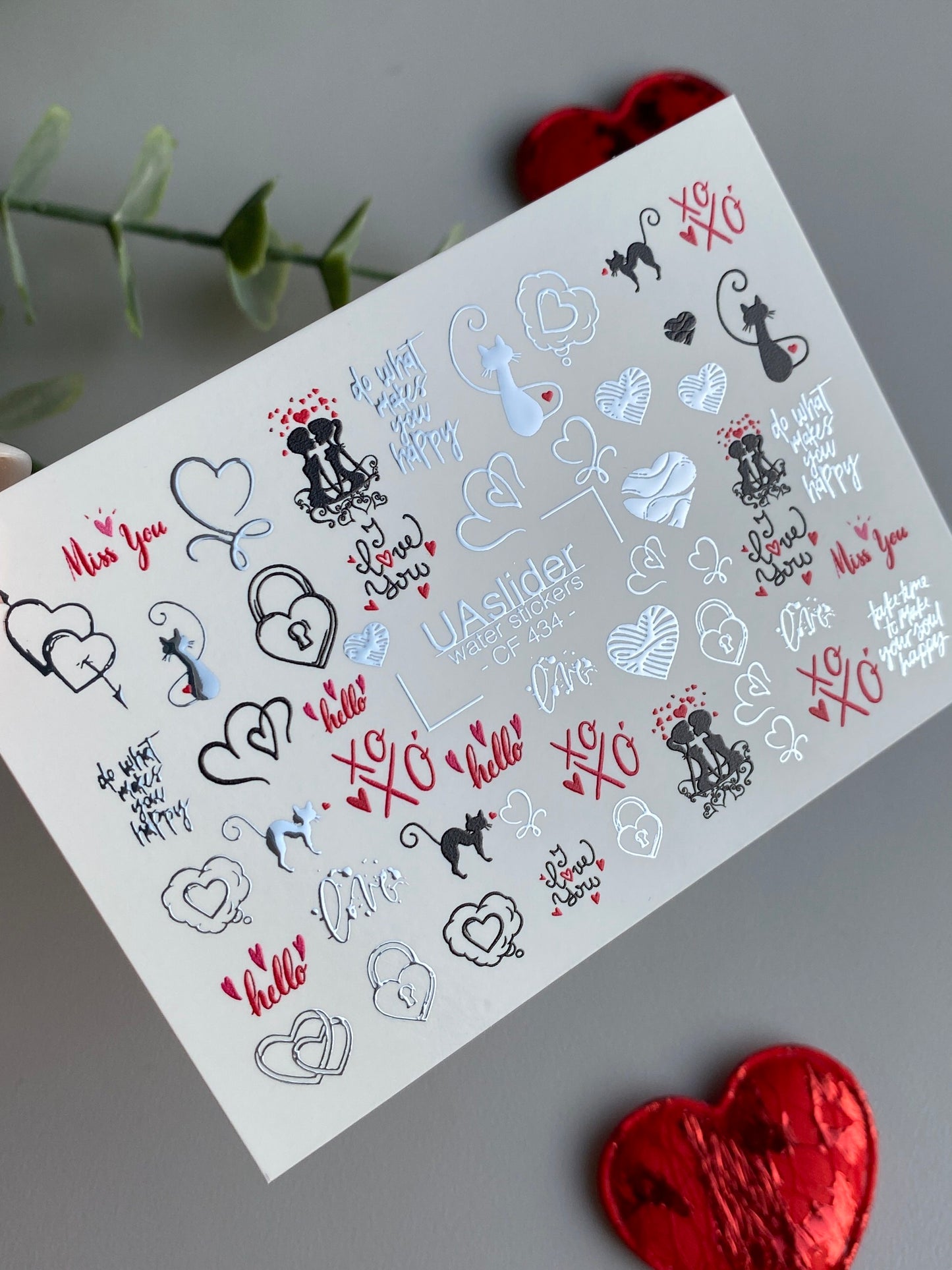 Nail Water Decal CF-434 | Romantic Cats & Hearts Water Slide Nail Decals | XO & Love Quotes Nail Art