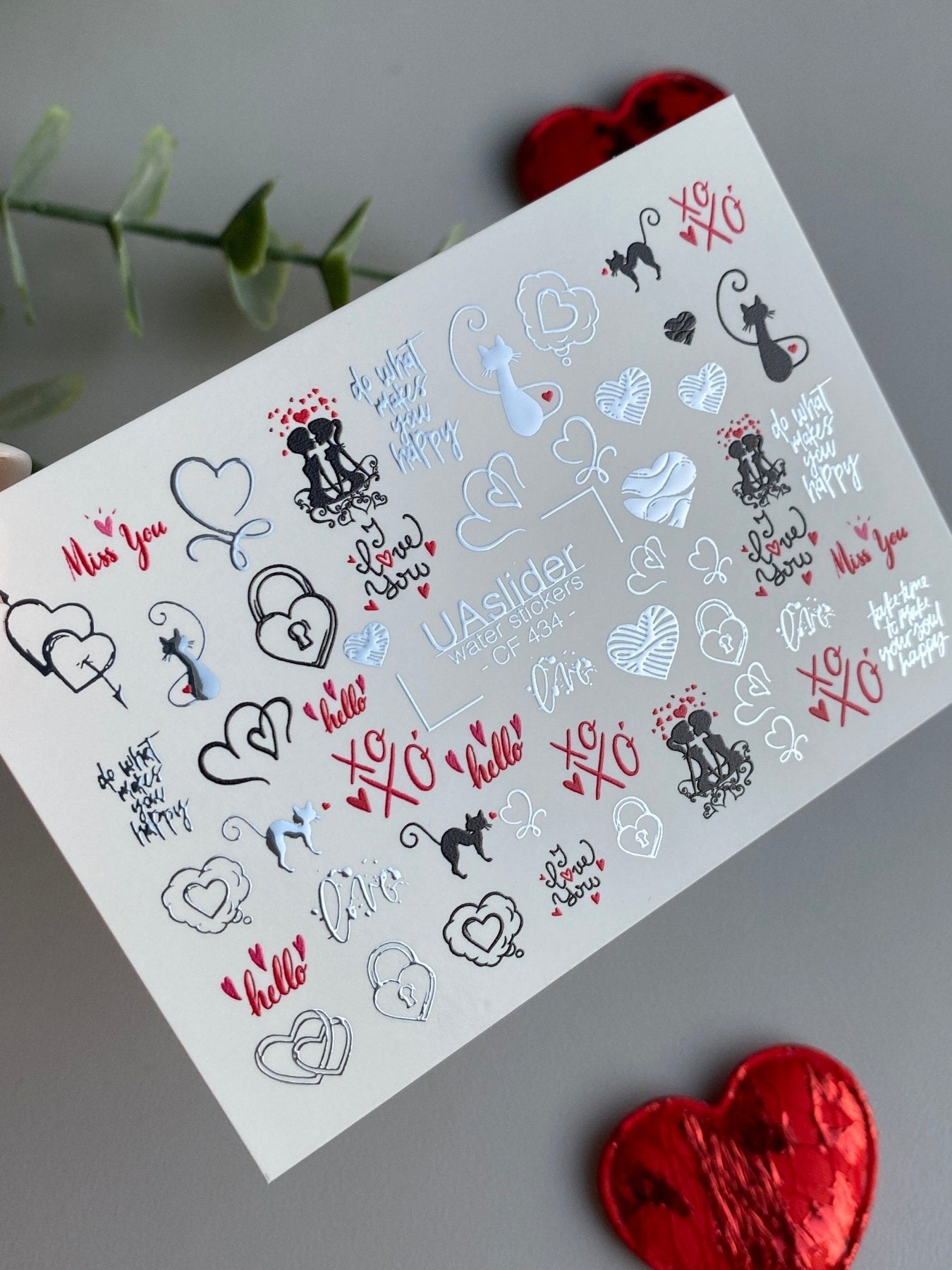 Nail Water Decal CF-434 | Romantic Cats & Hearts Water Slide Nail Decals | XO & Love Quotes Nail Art - UASLIDER