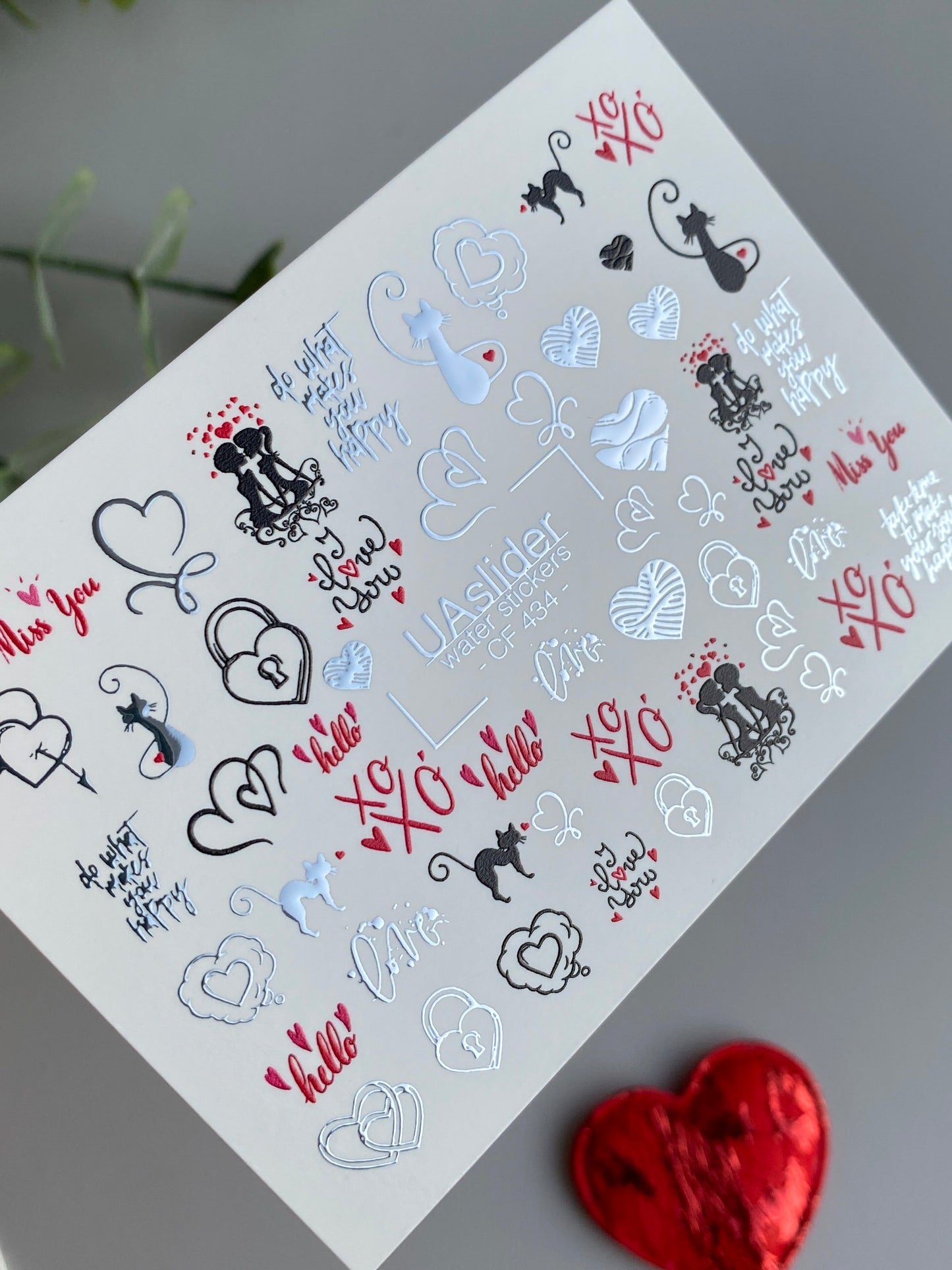 Nail Water Decal CF-434 | Romantic Cats & Hearts Water Slide Nail Decals | XO & Love Quotes Nail Art