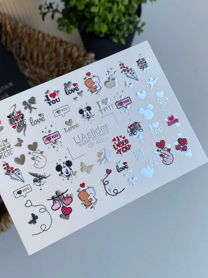 Nail Water Decal CF-435 | Cute Love Water Slide Nail Decals | Teddy Bears, Hearts & Romantic Quotes