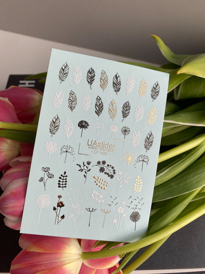 Nail Water Decal CF-436 | Botanical Water Slide Nail Decals | Minimalist Leaves & Floral Line Art