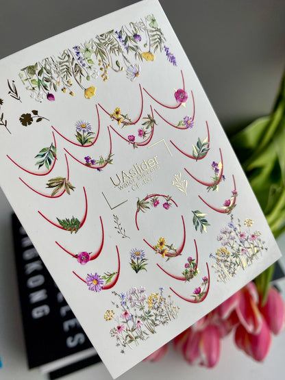 Decalcomanii de apă pentru unghii CF-437 | Decalcomanii florale franceze pentru unghii cu alunecare de apă | Flori sălbatice și artă botanică pentru unghii