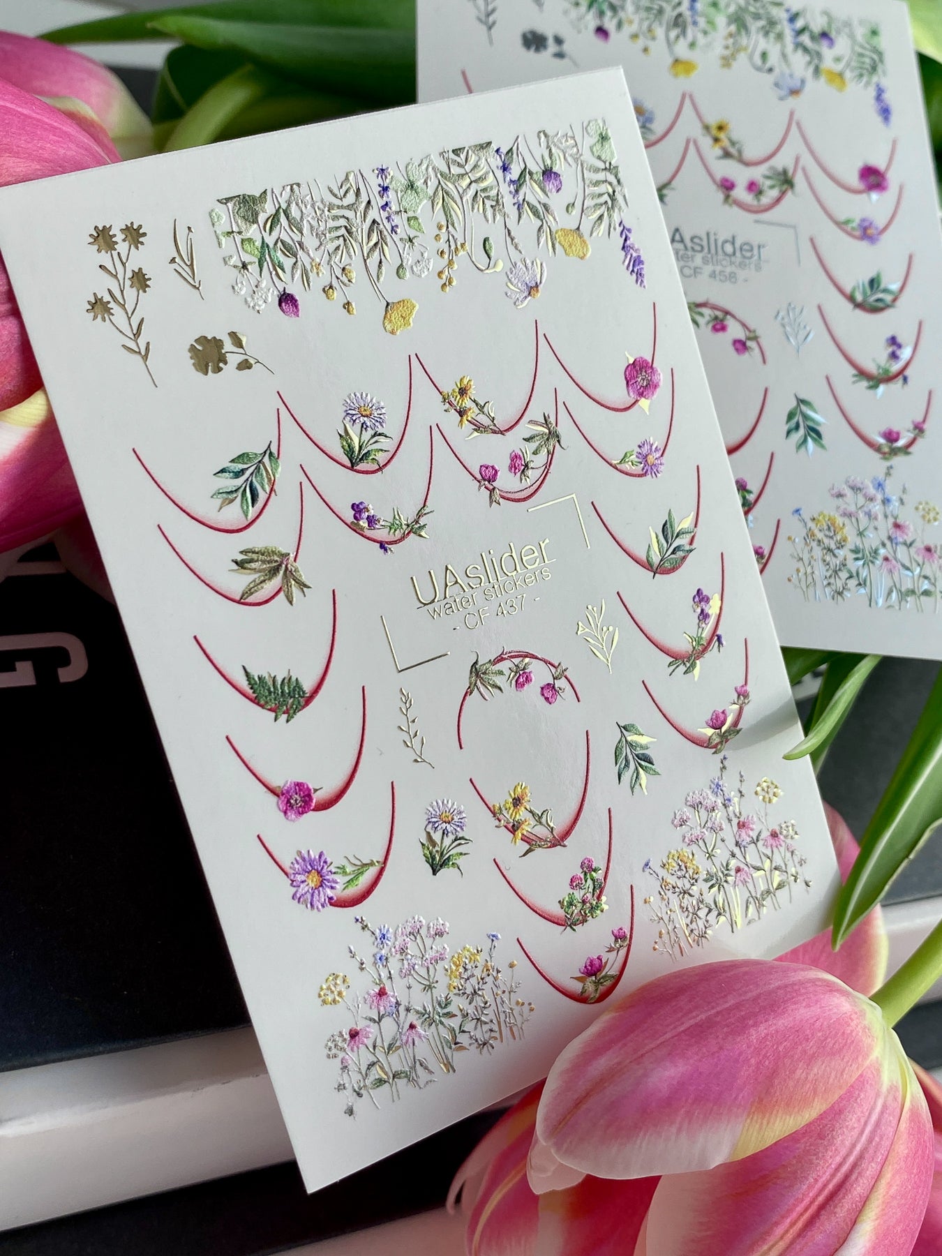 Decalcomanii de apă pentru unghii CF-437 | Decalcomanii florale franceze pentru unghii cu alunecare de apă | Flori sălbatice și artă botanică pentru unghii