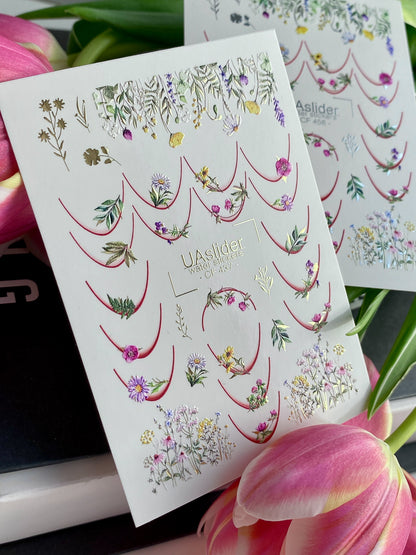 Decalcomanii de apă pentru unghii CF-437 | Decalcomanii florale franceze pentru unghii cu alunecare de apă | Flori sălbatice și artă botanică pentru unghii