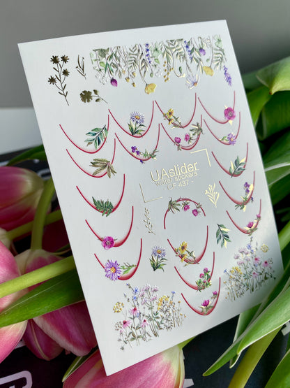 Decalcomanii de apă pentru unghii CF-437 | Decalcomanii florale franceze pentru unghii cu alunecare de apă | Flori sălbatice și artă botanică pentru unghii