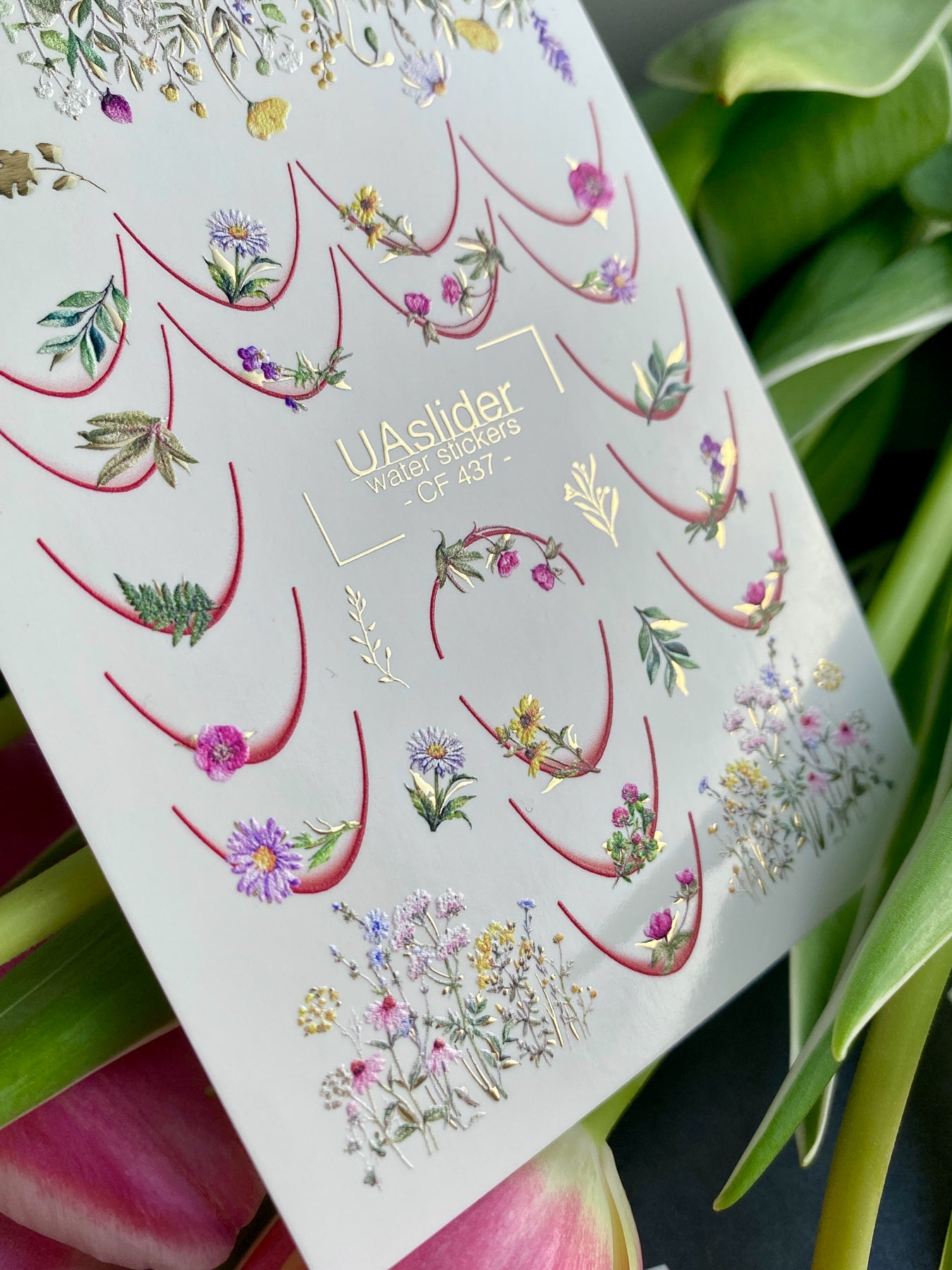 Decalcomanii de apă pentru unghii CF-437 | Decalcomanii florale franceze pentru unghii cu alunecare de apă | Flori sălbatice și artă botanică pentru unghii