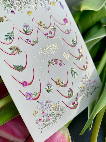 Decalcomanii de apă pentru unghii CF-437 | Decalcomanii florale franceze pentru unghii cu alunecare de apă | Flori sălbatice și artă botanică pentru unghii