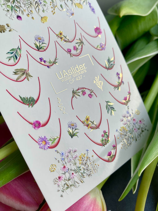 Nail Water Decal CF-437 | Floral French Water Slide Nail Decals | Wildflowers & Botanical Nail Art