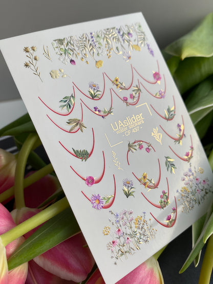 Decalcomanii de apă pentru unghii CF-437 | Decalcomanii florale franceze pentru unghii cu alunecare de apă | Flori sălbatice și artă botanică pentru unghii