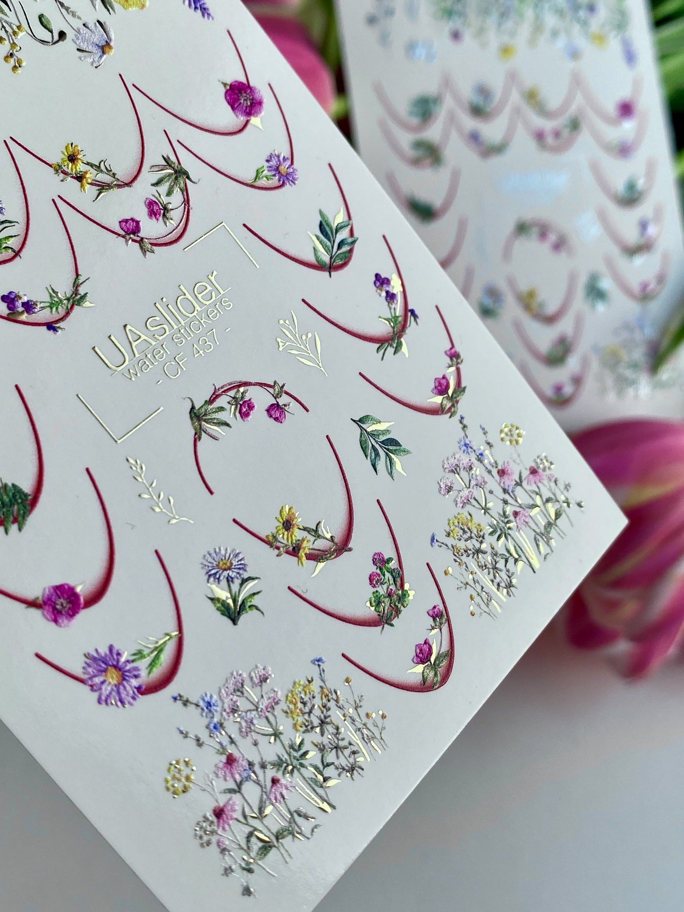 Decalcomanii de apă pentru unghii CF-437 | Decalcomanii florale franceze pentru unghii cu alunecare de apă | Flori sălbatice și artă botanică pentru unghii