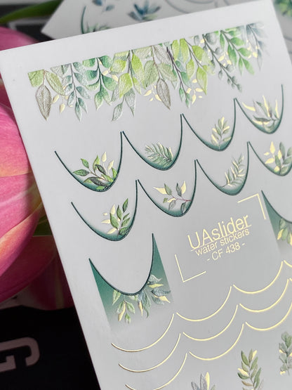 Nagų vandens lipdukas CF-438 | Žalios lapų prancūziškos vandens slydimo nagų lipdukai | Botanika įkvėpta gamtos nagų dailė