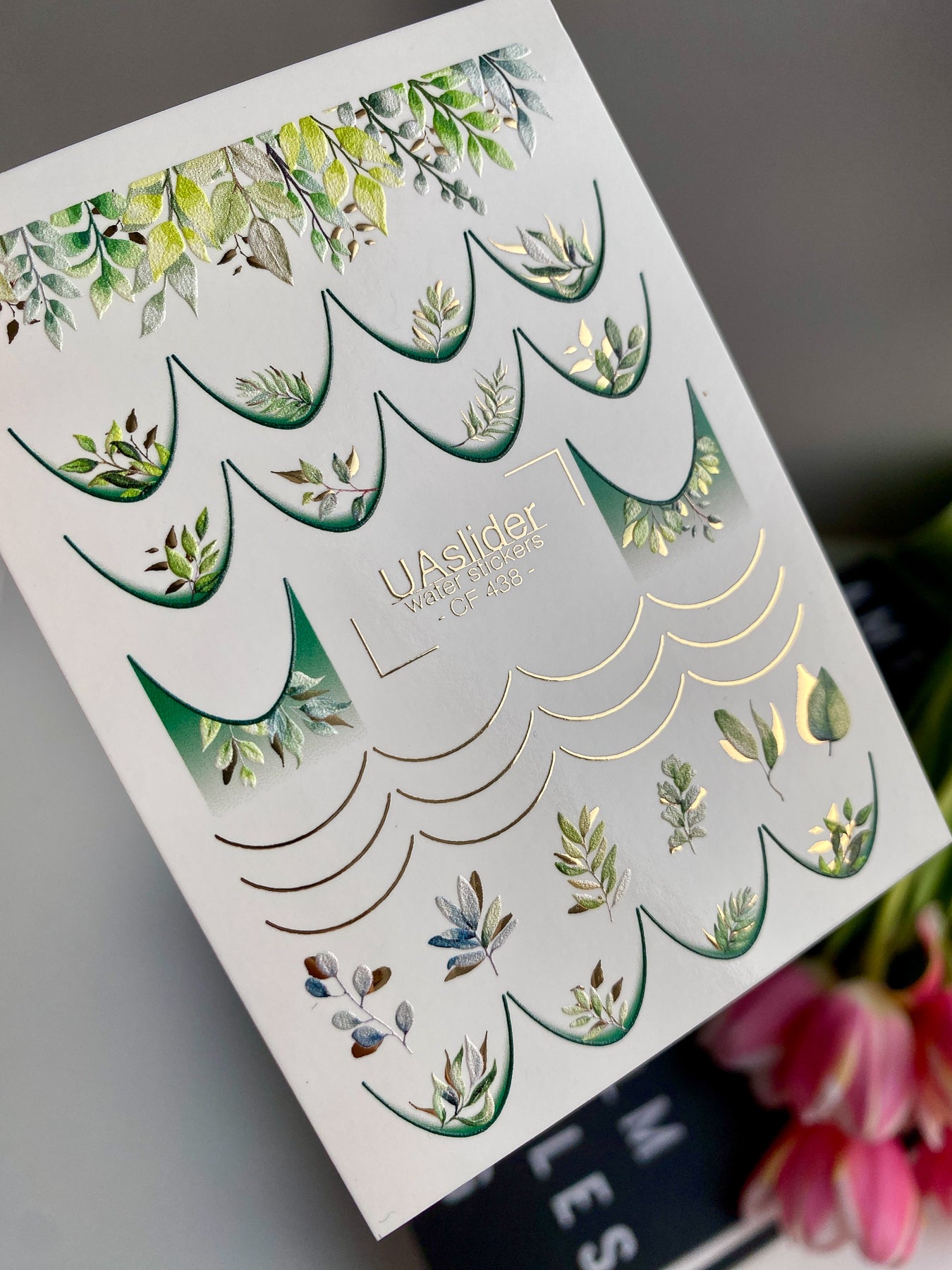 Nagų vandens lipdukas CF-438 | Žalios lapų prancūziškos vandens slydimo nagų lipdukai | Botanika įkvėpta gamtos nagų dailė