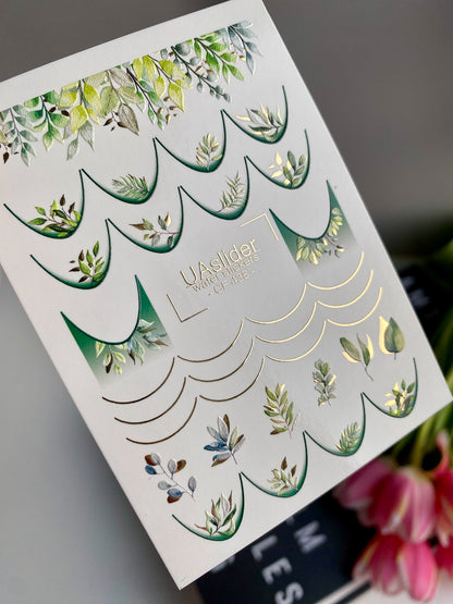 Nagų vandens lipdukas CF-438 | Žalios lapų prancūziškos vandens slydimo nagų lipdukai | Botanika įkvėpta gamtos nagų dailė