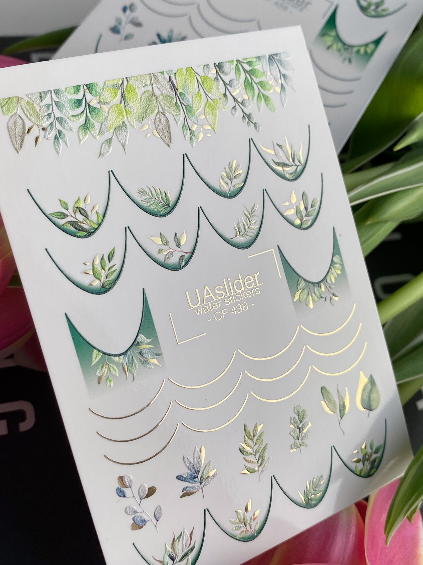 Nagų vandens lipdukas CF-438 | Žalios lapų prancūziškos vandens slydimo nagų lipdukai | Botanika įkvėpta gamtos nagų dailė