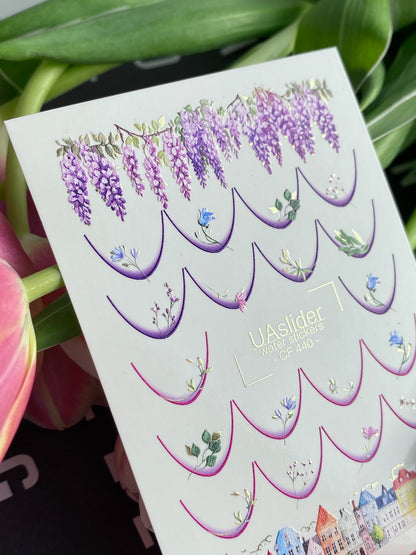 Adesivo de Água para Unhas CF-440 | Adesivos de Unhas com Transferência de Água Francesa | Pontas Francesas Florais e Casas da Cidade