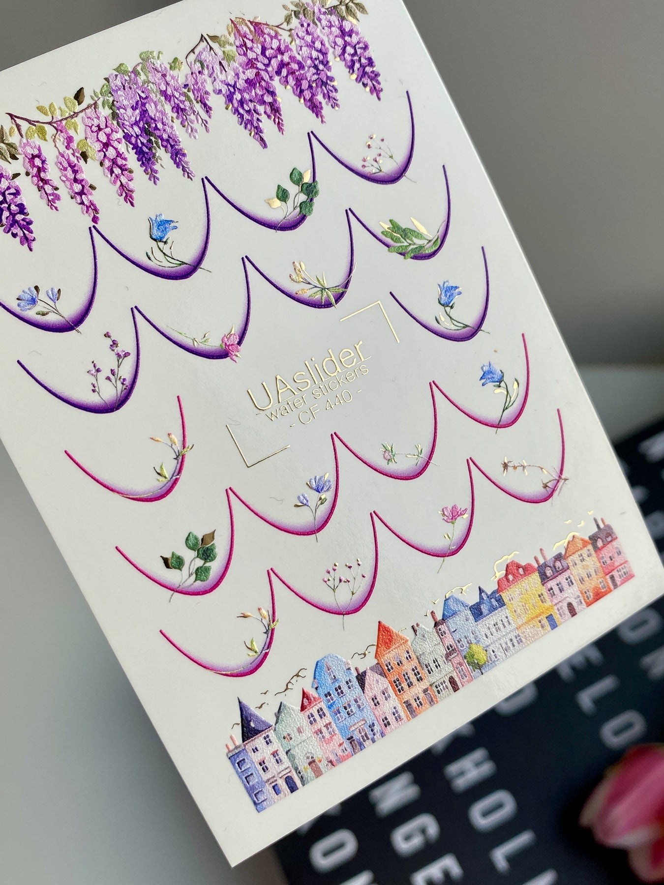 Adesivo de Água para Unhas CF-440 | Adesivos de Unhas com Transferência de Água Francesa | Pontas Francesas Florais e Casas da Cidade