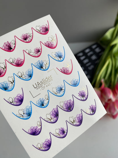 Naklejki na paznokcie wodne CF-442 | Francuskie wodne naklejki do paznokci | Kolorowe kwiatowe francuskie końcówki