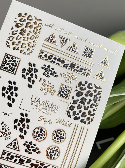 Nail Water Decal CF-448 | Animal Print Water Slide Nail Decals | Leopard Pattern with Gold Accents