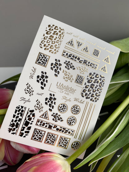 Nail Water Decal CF-448 | Animal Print Water Slide Nail Decals | Leopard Pattern with Gold Accents