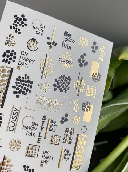 Nail Water Decal CF-450 | Geometric Water Slide Nail Decals | Black & Gold Minimalist Designs with Quotes