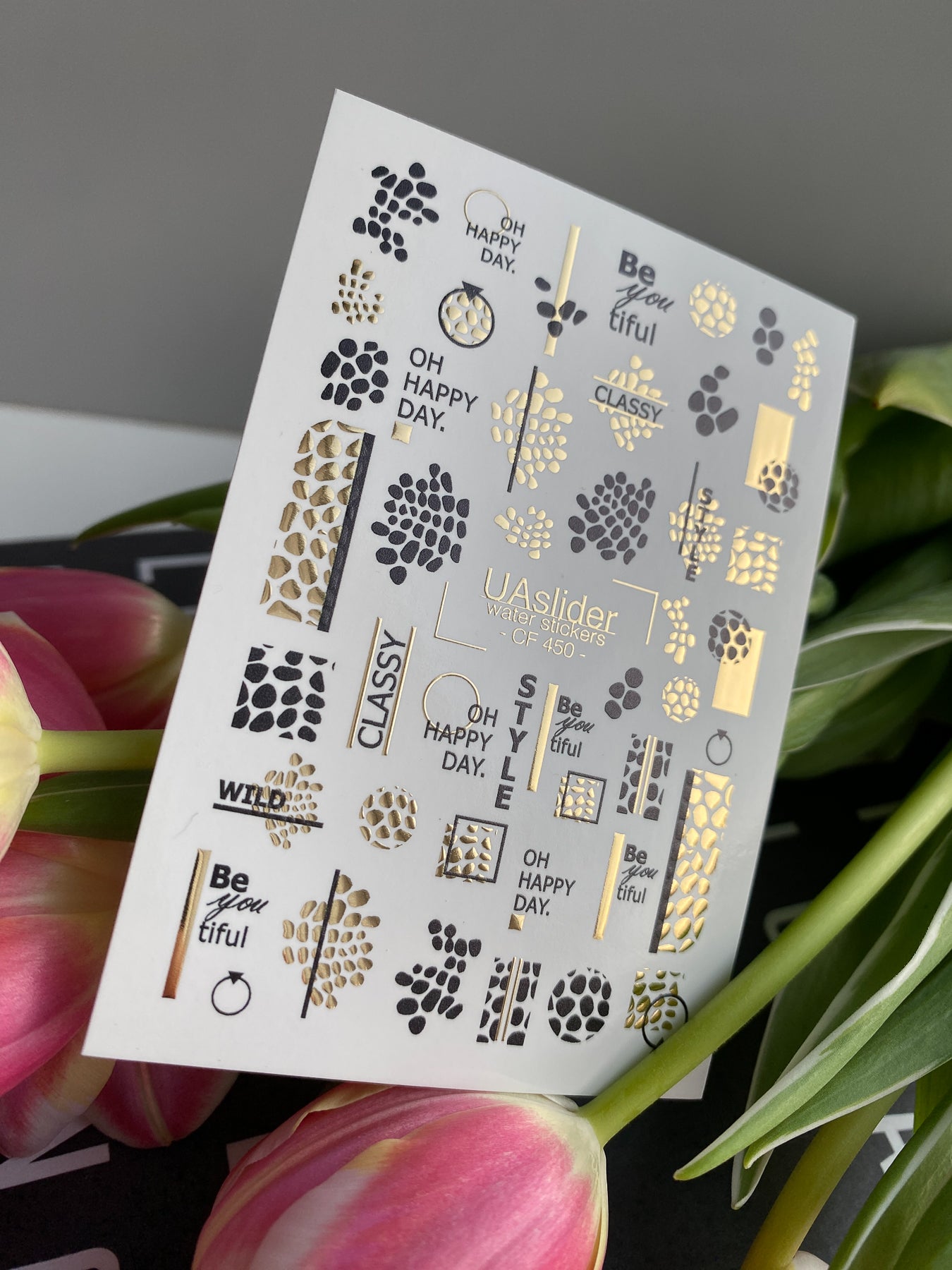 Nail Water Decal CF-450 | Geometric Water Slide Nail Decals | Black & Gold Minimalist Designs with Quotes