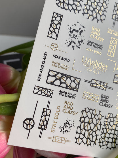 Nail Water Decal CF-451 | Geometric Water Slide Nail Decals | Black Mesh Patterns with Gold & Quotes