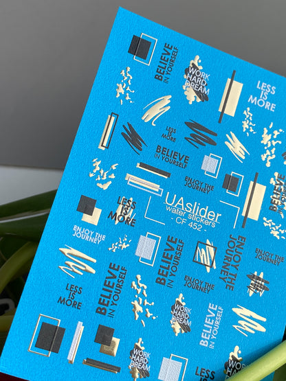 Nail Water Decal CF-452 | Abstract Water Slide Nail Decals | Minimalist Black & Gold Designs with Quotes