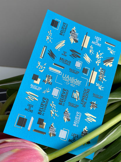 Nail Water Decal CF-452 | Abstract Water Slide Nail Decals | Minimalist Black & Gold Designs with Quotes