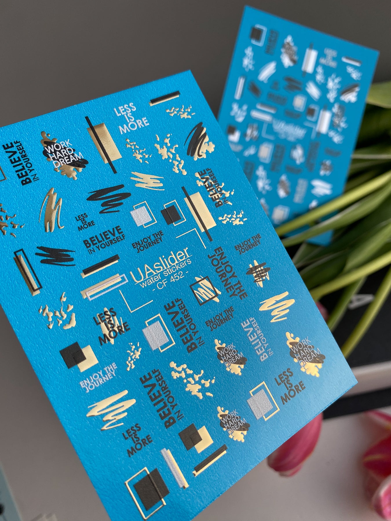 Nail Water Decal CF-452 | Abstract Water Slide Nail Decals | Minimalist Black & Gold Designs with Quotes