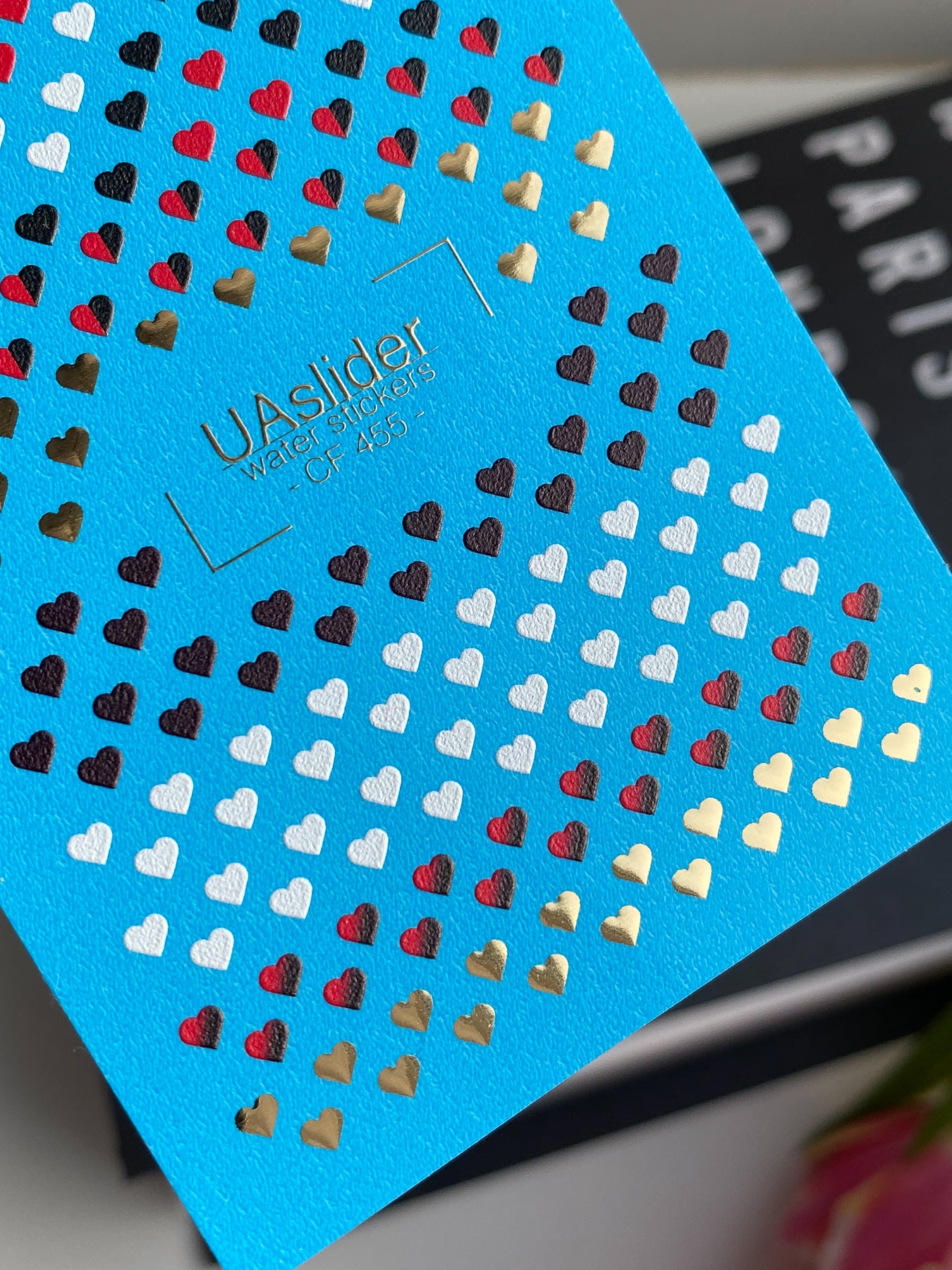 Nail Water Decal CF-455 | Heart Water Slide Nail Decals | Red, Black, White & Gold Mini Hearts