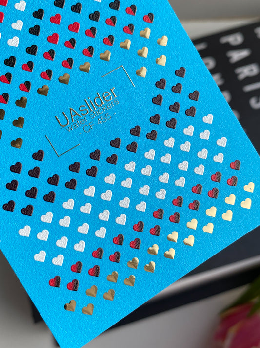 Nail Water Decal CF-455 | Heart Water Slide Nail Decals | Red, Black, White & Gold Mini Hearts