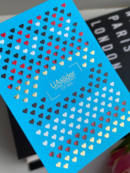 Nail Water Decal CF-455 | Heart Water Slide Nail Decals | Red, Black, White & Gold Mini Hearts